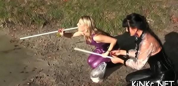  Hot femdom action with stunning chick walking slave on leash